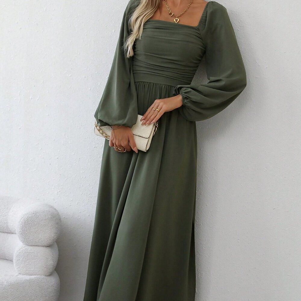 Green Elegant Women's Casual Square Neck Pleated Lantern Sleeve Dress - Picture 4 of 7